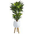 Nearly Natural Corn Stalk Dracaena 46”H Artificial Plant With Stand Planter, 46”H x 12”W x 12”D, Green/White