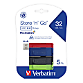 Verbatim® 70897 Store 'n' Go® USB-A Flash Drives, 32GB, Assorted Colors, Pack Of 5 Flash Drives