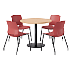 KFI Studios Midtown Pedestal Round Standard Height Table Set With Imme Armless Chairs, 31-3/4”H x 22”W x 19-3/4”D, Maple Top/Black Base/Coral Chairs