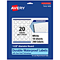 Avery® Waterproof Permanent Labels With Sure Feed®, 94506-WMF10, Round, 1-1/2" Diameter, White, Pack Of 200