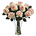 Nearly Natural Blooming Roses 18”H Artificial Floral Arrangement With Vase, 18”H x 13”W x 13”D, Pink