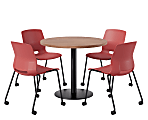 KFI Studios Proof Cafe Round Pedestal Table With Imme Caster Chairs, Includes 4 Chairs, 29”H x 36”W x 36”D, River Cherry Top/Black Base/Coral Chairs