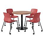 KFI Studios Proof Cafe Round Pedestal Table With Imme Caster Chairs, Includes 4 Chairs, 29”H x 36”W x 36”D, River Cherry Top/Black Base/Coral Chairs 1 thumbnail image