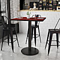 Flash Furniture Square Laminate Table Top With Round Bar Height Table Base, 43-3/16”H x 36”W x 36”D, Mahogany