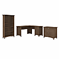 Bush Furniture Salinas 60"W L-Shaped Desk With Lateral File Cabinet And 5-Shelf Bookcase, Ash Brown, Standard Delivery