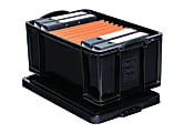 Really Useful Box® Plastic Storage Container With Built-In Handles And Snap Lid, 64 Liters, 100% Recycled, 27 3/4" x 17" x 12", Black 1 thumbnail image