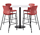 KFI Studios Proof Bistro Square Pedestal Table With Imme Bar Stools, Includes 4 Stools, 43-1/2”H x 36”W x 36”D, River Cherry Top/Black Base/Coral Chairs