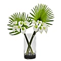 Nearly Natural Calla Lily And Fan Palm 27”H Artificial Floral Arrangement With Glass Cylinder Vase, 27”H x 20”W x 10”D, Cream