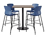 KFI Studios Proof Bistro Square Pedestal Table With Imme Bar Stools, Includes 4 Stools, 43-1/2”H x 42”W x 42”D, Studio Teak Top/Black Base/Navy Chairs