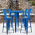 Flash Furniture Commercial-Grade Round Metal Bar Table Set With 4 Café Stools, 41"H x 30"W x 30"D, Blue