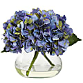 Nearly Natural Blooming Hydrangea 8-1/2”H Plastic Floral Arrangement With Vase, 8-1/2”H x 10”W x 9”D, Blue