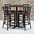 Flash Furniture Round Laminate Table Set With X-Base And 4 Ladder-Back Metal Bar Stools, 42"H x 30"W x 30"D, Walnut/Burgundy