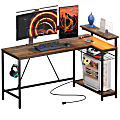 Bestier L-Shaped Gaming Computer Desk With Power Outlet, LED Lights & Headset Hooks, 59"W, Rustic Brown