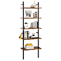 Bestier Industrial 71"H 5-Tier Wall-Mounted Ladder Shelf With 2 Hooks, Rustic Brown