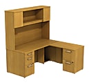 BBF 300 Series L-Shaped Desk With Overhead Storage, 72 3/10"H x 65 3/5"W x 65 3/10"D, Modern Cherry, Standard Delivery Service