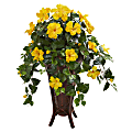 Nearly Natural Hibiscus Artificial Plant With Stand Planter, 34"H x 23"W x 23"D, Brown/Yellow