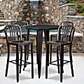 Flash Furniture Commercial-Grade Round Metal Indoor-Outdoor Bar Table Set With 4 Vertical Slat-Back Stools, 41"H x 30"W x 30"D, Black/Antique Gold