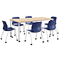 KFI Studios Dailey Table Set With 6 Caster Chairs, Natural Table/Navy Chairs