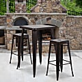 Flash Furniture Square Metal Bar Table Set With 2 Backless Stools, 40”H x 27-3/4”W x 27-3/4”D, Black/Antique Gold