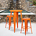 Flash Furniture Commercial-Grade Round Metal Indoor/Outdoor Bar Table Set With 2 Square-Seat Backless Stools, 41"H x 24"W x 24"D, Orange