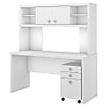 Bush Business Furniture Echo 60"W Computer Desk Credenza With Hutch And Mobile File Cabinet, Pure White/Pure White, Standard Delivery