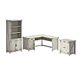 Bush Furniture Knoxville 60"W L Shaped Desk with Lateral File Cabinet and 5 Shelf Bookcase, Cottage White, Standard Delivery