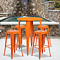 Flash Furniture Commercial-Grade Round Metal Indoor-Outdoor Bar Table Set With 4 Square-Seat Backless Stools, 41"H x 30"W x 30"D, Orange