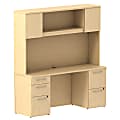 Bush Business Furniture 300 Series Office Desk With Hutch And 2 Pedestals, 66"W x 22"D, Natural Maple, Premium Installation 1 thumbnail image