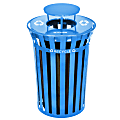 Alpine Industries Metal Slatted Outdoor Commercial Trash Can Receptacle With Rain Bonnet Lid And Liner, 38 Gallons, Blue 1 thumbnail image