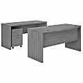Bush Business Furniture Echo 60"W Bow-Front Computer Desk And Credenza With Mobile File Cabinet, Modern Gray, Standard Delivery