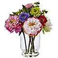 Nearly Natural 10-1/2"H Plastic Peony And Mum Arrangement With Glass Vase, Pink