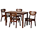 Baxton Studio Jeriah Mid-Century Modern Finished Wood/Rattan 5-Piece Dining Set, 29-1/8"H x 43-5/16"W x 27-5/8"D, Walnut Brown/Light Brown