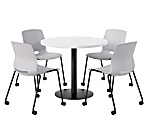 KFI Studios Proof Cafe Round Pedestal Table With Imme Caster Chairs, Includes 4 Chairs, 29”H x 36”W x 36”D, Designer White Top/Black Base/Light Gray Chairs