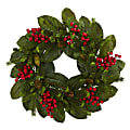 Nearly Natural 24”H Magnolia Leaf, Berry And Pine Artificial Wreath, 24” x 24”, Green