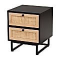 Baxton Studio Declan Mid-Century Modern Wood And Rattan 2-Drawer End Table, 18-3/4”H x 15-3/4”W x 15-3/4”D, Espresso Brown/Natural