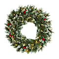 Nearly Natural 24”H Frosted Swiss Pine Artificial Wreath With 35 LED Lights And Berries, 24” x 5”, Green 1 thumbnail image