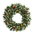 Nearly Natural 24”H Frosted Swiss Pine Artificial Wreath With 35 LED Lights And Berries, 24” x 5”, Green