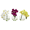 Nearly Natural 9"H 3-Piece Artificial Phalaenopsis Orchid Set With Vase, Multicolor