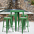 Flash Furniture Commercial-Grade Round Metal Indoor-Outdoor Bar Table Set With 4 Square-Seat Backless Stools, 41"H x 30"W x 30"D, Green