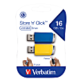 Verbatim® Store N Click USB 2.0 Flash Drive, 16GB, Blue/Yellow, Pack Of 2 Flash Drives