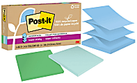 Post-it 100% Recycled Paper Super Sticky Pop-Up Notes, 420 Total Notes, Pack Of 6 Pads, 3” x 3”, Oasis Collection, 70 Notes Per Pad