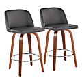 LumiSource Toriano Counter Stools, Gray/Walnut/Round Chrome Footrest, Set Of 2 Stools