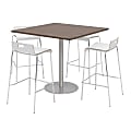 KFI Studios Square Bistro Pedestal Table With 4 Stacking Bar Stools, Studio Teak/White