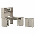 Bush Business Furniture Cabot 60"W L-Shaped Corner Desk With Hutch And Small Storage Cabinet With Doors, Linen White Oak, Standard Delivery