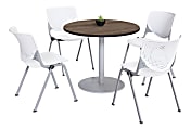 KFI Studios KOOL Round Pedestal Table With 4 Stacking Chairs, Studio Teak/White