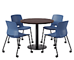 KFI Studios Proof Cafe Round Pedestal Table With Imme Caster Chairs, Includes 4 Chairs, 29”H x 36”W x 36”D, Cafelle Top/Black Base/Navy Chairs