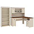 Bush Business Furniture Fairview 60"W L-Shaped Corner Desk With Hutch And 5-Shelf Bookcase, Antique White, Standard Delivery