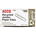 ACCO® Paper Clips, Box Of 100, Jumbo, 90% Recycled, Silver