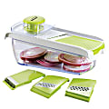 Brentwood Mandollin Slicer With 5-Cup Storage Container And 4 Interchangeable Stainless Steel Blades, 3-1/4”H x 4-1/2”W x 10”D, Green/White 1 thumbnail image
