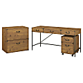 kathy ireland® Home by Bush Furniture Ironworks 60"W Writing Desk with File Cabinets, Vintage Golden Pine, Standard Delivery